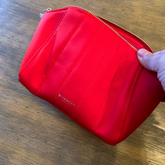 New GIVENCHY Women's Cosmetic Bag Red Silver Zippered Red Satin - Picture 3 of 14